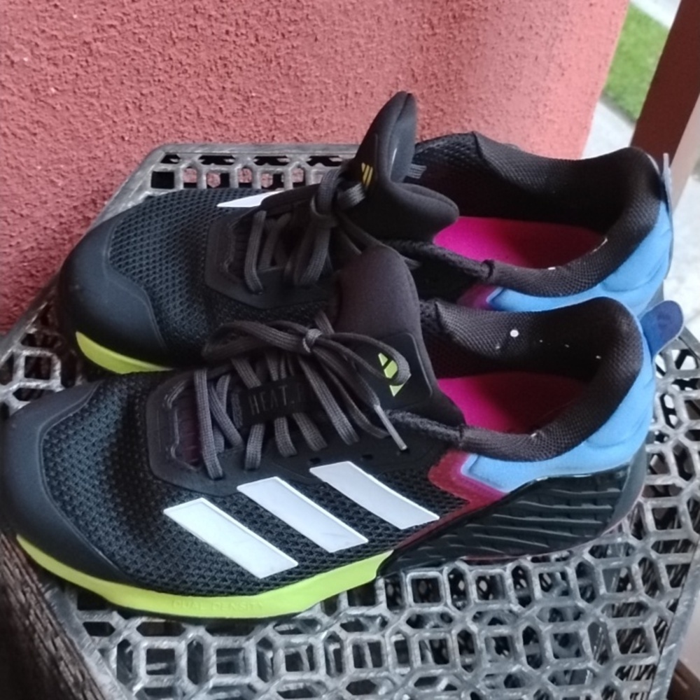 adidas Black Sneakers with White Stripes, Pink Lining & Neon Green Accents